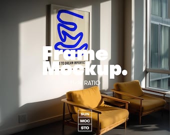 May include: A room interior with two yellow armchairs and a framed poster on the wall. The poster has a blue abstract design and the text "E TO DREAM IMPERFECT". The text "Frame Mockup" is also visible.