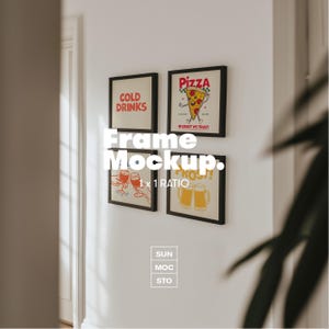 May include: Four framed art prints with black frames are displayed on a white wall. The prints feature the words "COLD DRINKS", a pizza slice, wine glasses, and beer mugs. The text "Frame Mockup. 1 x 1 RATIO" is also visible.