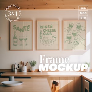 Scandinavian Kitchen Frame Mockup Three Minimalist Wood Frames with Natural Light Elegant Neutral Decor Clean Modern Design Aesthetic PSD
