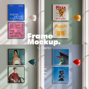 Op de afbeelding: Een wandmockup met ingelijste kunstdrukken. De prints omvatten een muziekfestivalposter, een roze poster met tekst, een print met pizzathema, een print met bierthema en twee portretschilderijen. De afbeelding bevat ook decoratieve wandkandelaars.