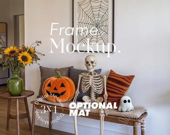 Black Halloween Frame Mockup, Skeleton & Jack O Lantern, Optional Mat, 3:4 (PSD)