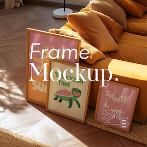Triple Wooden Frame Mockup: Scandinavian Interior, Mustard Sofa (PSD, JPG)