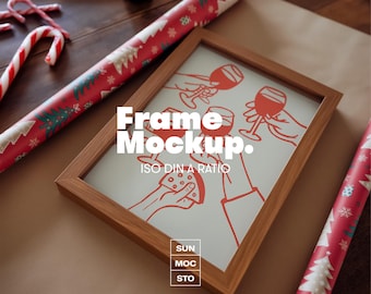 Christmas Frame Mockup: Wrapping Paper, Candy Canes, Wooden Frame, DIN A4 (Digital Download)