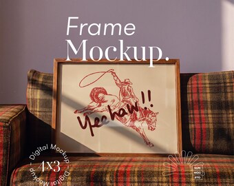 Wooden Horizontal Frame Mockup: 4x3, Wool Tartan Plaid Sofa, Camp & Cabin (PSD)