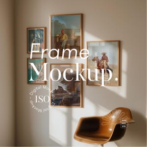 May include: A mockup of a wall with four framed pictures. The frames are all different sizes and shapes, and the pictures are all different styles. The wall is painted a light beige color, and there is a brown chair in the foreground. The text "Frame Mockup" is superimposed on the image.