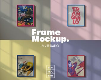 May include: A frame mockup with four framed art prints. The prints feature various artworks and text, including a painting, the word "Tranquilo," and a concert poster. The frames are in different colors, and the background is a mix of pastel colors.