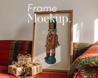 Christmas Frame Mockup, Rustic Cabin, Plaid Sofa, 2x3 PSD (Digital Download)