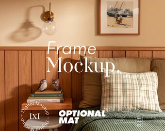 Square Frame Mockup, Optional Mat, Farmhouse Bedroom, Cozy Cabin, Rustic Lodge, Wood Panel Wall