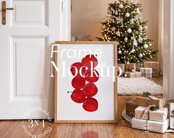 3:4 Christmas Frame Mockup, Oak Wood, Interior Scene, Decorated Tree, Wrapped Gifts, PSD