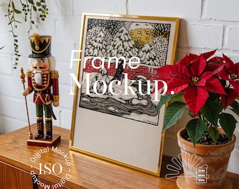 Gold-Edged Christmas Frame Mockup: Nutcracker, Poinsettia, Mid Century Modern, Reflection, ISO DIN A (PSD)