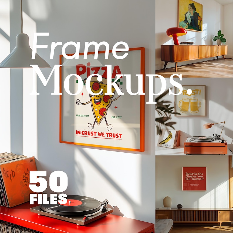 Paket med 50 kvadratiska rammockups, retro- och modern konstdisplay, PSD-filer för affischtryck bild 1
