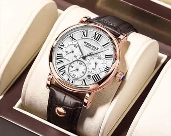 Men's Stainless Steel Business Sub Dials Watch, Multifunction Quartz Movement Chronograph Roman Numerals Analog Calendar Date Waterproof