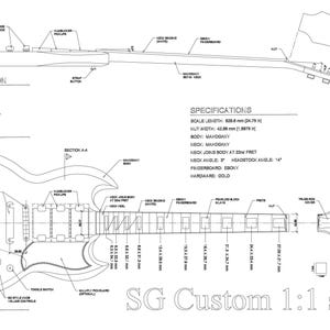 Gibson SG Custom style guitar plans vector in svg, pdf, dfx, ai and jpg. Detailed 1:1 scale.
