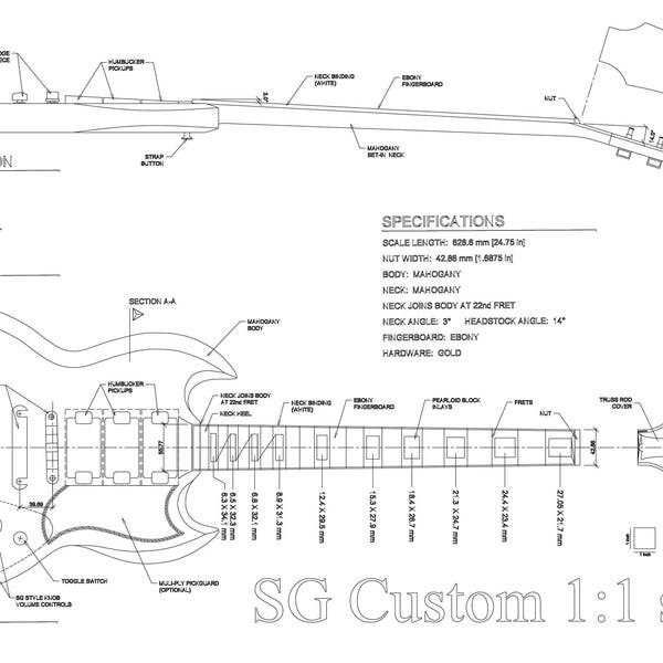 Gibson SG Custom style guitar plans vector in svg, pdf, dfx, ai and jpg. Detailed 1:1 scale.