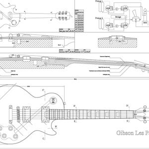 May include: Line drawing blueprint of a Gibson Les Paul style electric guitar. The blueprint includes a top view, side view, and a detailed cross-section of the guitar's body and neck. The blueprint also includes a diagram of the guitar's electronics, including the pickups, bridge, and output jack.