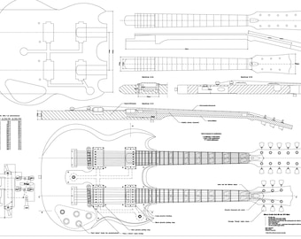 Puede incluir: Un plano detallado para construir una guitarra eléctrica de doble mástil. El plano incluye diagramas del cuerpo, el mástil y la pala, así como medidas y especificaciones para cada parte.