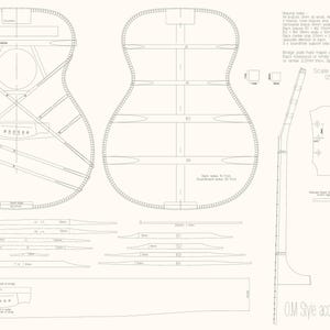 May include: A technical blueprint for an OM style acoustic guitar 2026, featuring detailed line drawings of the soundboard, back, neck, and fretboard with specific bracing dimensions in millimetres and inches, including a 645mm scale length.