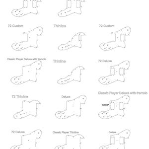 Puede incluir: Un diagrama que muestra diferentes formas de cuerpo de guitarra para guitarras Fender. Las formas incluyen Classic Player Thinline, 72 Thinline, 72 Custom, Classic Player Deluxe con trémolo y 72 Deluxe.