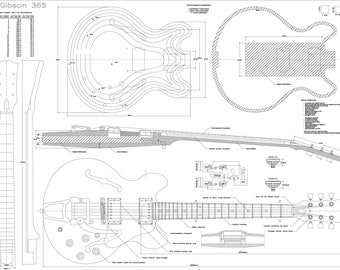 Puede incluir: Un plano detallado para construir una guitarra Gibson 365. El plano incluye medidas en pulgadas y muestra la forma del cuerpo, el mástil y otros componentes.