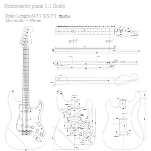 Stratocaster style guitar plans vector in svg, pdf, dfx, ai and jpg. Detailed 1:1 scale.
