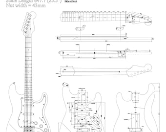 Plans vectoriels de guitare de style Stratocaster en svg, pdf, dfx, ai et jpg. Échelle détaillée 1:1.