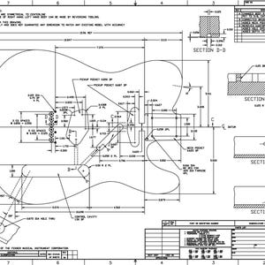Puede incluir: Un dibujo técnico de un cuerpo de guitarra Telecaster con medidas y secciones detalladas. El dibujo incluye dimensiones para la forma del cuerpo, los huecos de las pastillas, la cavidad de control y el bolsillo del mástil.