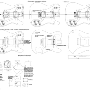 Puede incluir: Un dibujo en blanco y negro de tres plantillas de cuerpo de guitarra. Las plantillas están etiquetadas como "72 Custom", "Deluxe con trémolo strat vintage" y "72 Deluxe".