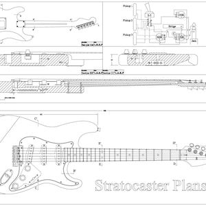 Stratocasterl style guitar plans vector in svg, pdf, dfx, ai and jpg. Detailed 1:1 scale.