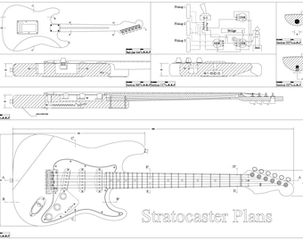 Plans vectoriels de guitare de style Stratocasterl en svg, pdf, dfx, ai et jpg. Échelle détaillée 1:1.
