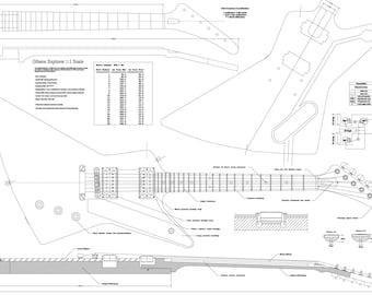 Puede incluir: Plano de línea en blanco y negro de una guitarra Gibson Explorer. El plano incluye una vista completa del cuerpo, un primer plano del mástil y un diagrama detallado de los componentes de la guitarra. El plano está etiquetado como "Gibson Explorer 1:1 Scale".