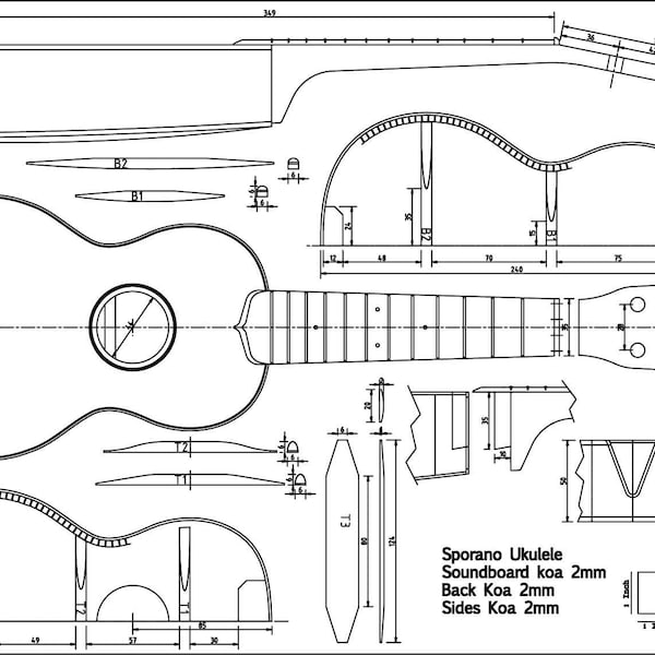 Plans du ukulélé soprano SVG DXF PDF crv crv fichiers à télécharger