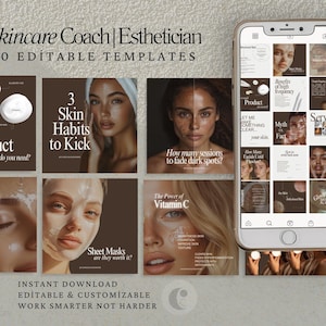 May include: A collection of 60 editable Instagram post templates for skincare coaches and estheticians. The templates feature a brown and beige color scheme with images of people and text overlays. The text includes phrases like "How much product do you need?" and "3 Skin Habits to Kick".