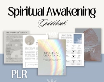 May include: A digital guidebook titled "Spiritual Awakening: A Holistic Approach to Healing Mind, Body, and Spirit." The cover features a holographic rainbow effect and a sunburst design. The guidebook is part of a larger set of printable resources for spiritual growth.