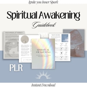 Peut inclure: Un guide numérique intitulé "Spiritual Awakening: A Holistic Approach to Healing Mind, Body, and Spirit." La couverture présente un effet arc-en-ciel holographique et un motif de soleil éclatant. Le guide fait partie d'un ensemble plus large de ressources imprimables pour la croissance spirituelle.