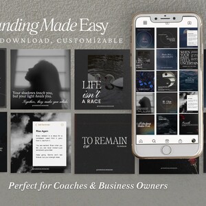 May include: A collection of 12 black and white Instagram story templates with motivational quotes and text overlays. The text includes phrases like "Shadow Work", "Life isn't a race", and "When your path feels uncertain".