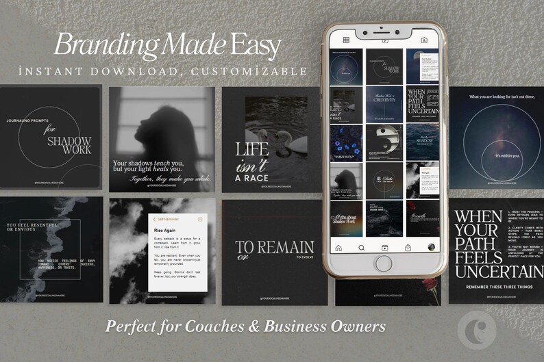 May include: A collection of 12 black and white Instagram story templates with motivational quotes and text overlays. The text includes phrases like "Shadow Work", "Life isn't a race", and "When your path feels uncertain".