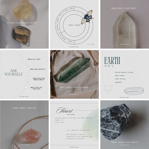 May include: A collage of nine images featuring crystals and their corresponding chakras. Each image includes the name of the chakra, the crystal associated with it, and a brief description of the chakra's location, element, colour, and benefits. The chakras are: Root, Sacral, Solar Plexus, Heart, Throat, Third Eye, and Crown.