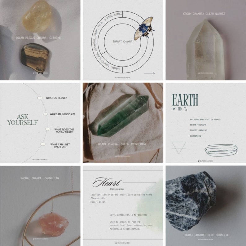 May include: A collage of nine images featuring crystals and their corresponding chakras. Each image includes the name of the chakra, the crystal associated with it, and a brief description of the chakra's location, element, colour, and benefits. The chakras are: Root, Sacral, Solar Plexus, Heart, Throat, Third Eye, and Crown.