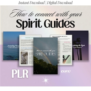 Może przedstawiać: Cyfrowy produkt do pobrania zatytułowany "How to connect with your Spirit Guides". Okładka przedstawia tęczę nad lasem. Dodatkowe strony pokazują podpowiedzi do prowadzenia dziennika i informacje o rozpoznawaniu znaków.