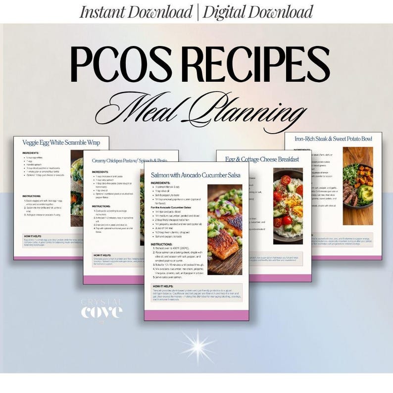 Puede incluir: Descarga digital de recetas y gu&iacute;as de planificaci&oacute;n de comidas para el SOP. La imagen muestra varias tarjetas de recetas con t&iacute;tulos como "Salm&oacute;n con salsa de aguacate y pepino" y "Wrap de claras de huevo y verduras". El texto "Descarga instant&aacute;nea" est&aacute; en la parte superior.