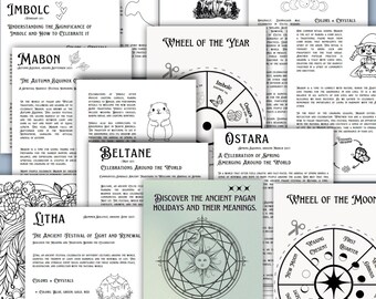 Könnte beinhalten: Eine Sammlung von druckbaren Malvorlagen mit Illustrationen des Rad des Jahres, einem heidnischen Kalender mit acht saisonalen Feiertagen. Die Illustrationen beinhalten Symbole, Tiere und Text, der jeden Feiertag beschreibt.