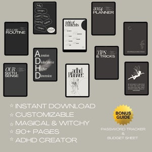 K&ouml;nnte beinhalten: Ein digitaler Planer f&uuml;r Menschen mit ADHS. Der Planer ist schwarzwei&szlig; mit einer Feenillustration. Der Text auf dem Cover lautet "adhd planner". Der Planer enth&auml;lt ein Inhaltsverzeichnis, Tipps und Tricks, eine Selbstpflege-Routine sowie einen Passwort-Tracker und ein Budgetblatt.