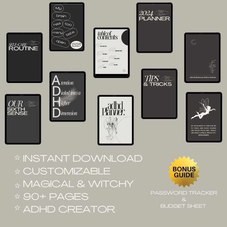 K&ouml;nnte beinhalten: Ein digitaler Planer f&uuml;r Menschen mit ADHS. Der Planer ist schwarzwei&szlig; mit einer Feenillustration. Der Text auf dem Cover lautet "adhd planner". Der Planer enth&auml;lt ein Inhaltsverzeichnis, Tipps und Tricks, eine Selbstpflege-Routine sowie einen Passwort-Tracker und ein Budgetblatt.