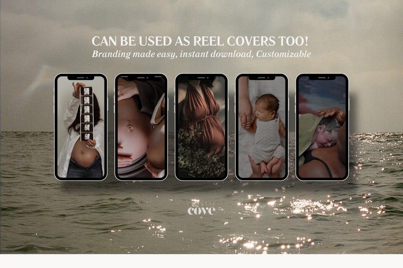 May include: Five smartphones displaying images related to pregnancy and childbirth. The screens show a sonogram, pregnant bellies, and a newborn baby. Text at the top reads "CAN BE USED AS REEL COVERS TOO!" and "Branding made easy, instant download, Customizable."