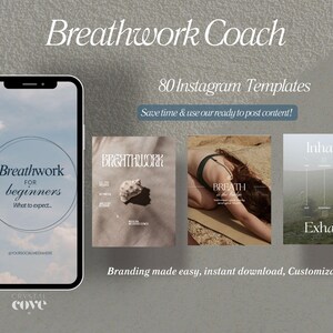 Puede incluir: Imagen promocional para un "Coach de respiraci&oacute;n" con 80 plantillas de Instagram. El dise&ntilde;o presenta un smartphone que muestra un gr&aacute;fico de "Breathwork for beginners", y tres plantillas de muestra con texto e im&aacute;genes relacionadas con la respiraci&oacute;n y el bienestar.