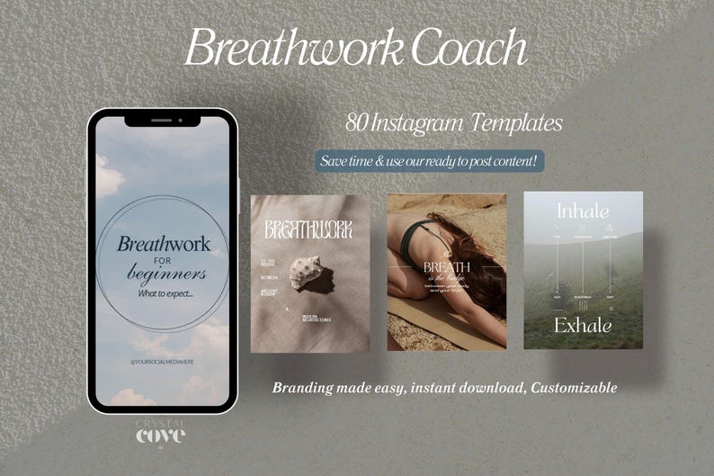 Puede incluir: Imagen promocional para un "Coach de respiraci&oacute;n" con 80 plantillas de Instagram. El dise&ntilde;o presenta un smartphone que muestra un gr&aacute;fico de "Breathwork for beginners", y tres plantillas de muestra con texto e im&aacute;genes relacionadas con la respiraci&oacute;n y el bienestar.
