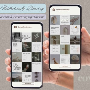 May include: A smartphone displaying a grid of 16 Instagram posts with a variety of images and text. The images include a crystal, a mushroom, a hand, a butterfly, and a bird. The text includes phrases like "What is my purpose?" and "The Seven Chakras". The phone has a button that says "Post Now".