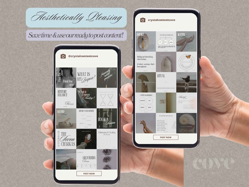 May include: A smartphone displaying a grid of 16 Instagram posts with a variety of images and text. The images include a crystal, a mushroom, a hand, a butterfly, and a bird. The text includes phrases like "What is my purpose?" and "The Seven Chakras". The phone has a button that says "Post Now".