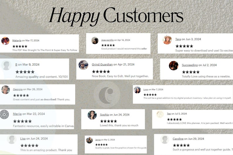 May include: A collage of customer reviews for a digital product. The reviews are positive and highlight the quality, ease of use, and value of the product. The reviews are displayed in a grid format with a star rating and a short description.
