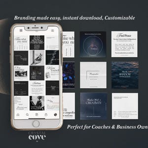 May include: A smartphone displaying a grid of 12 black and white Instagram post templates. The templates feature text overlays with motivational quotes and phrases, such as "Just Keep Moving Forward", "Know Yourself", and "Find Peace".